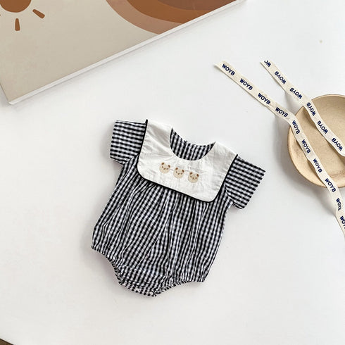 Plaid jumpsuit with square collar embroidered bear jacket climbing clothes